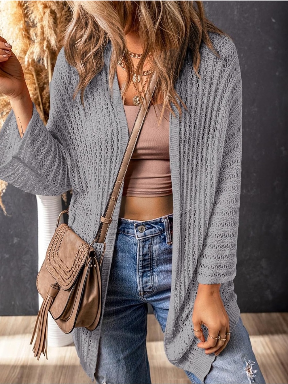 Open-Front Gray Knit Cardigan Sweater